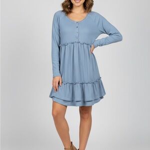 Umgee Dusty Blue Long Sleeve Dress with Ruffles